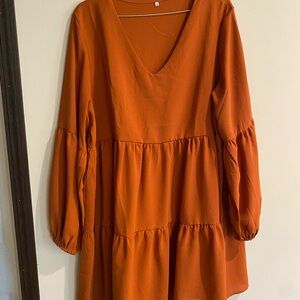 Women's Long Sleeve Tiered V-Neck Dress - Rust Orange